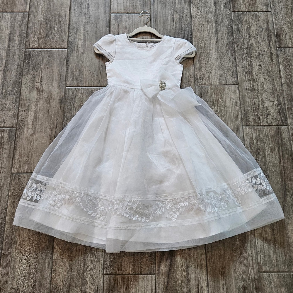 Tip Top Flower Girl Dress Kids Size 7 White Embroidered Tulle Formal Wedding Bow
